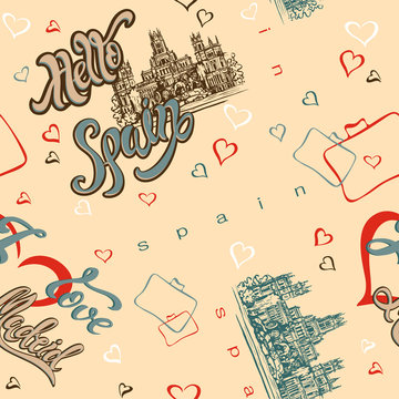 Seamless pattern. Spain. Madrid. Inspiring lettering. Greeting. Travel. Sketch of the Cathedral. Background with hearts. Vector illustration.