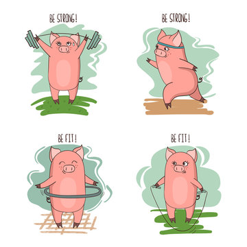 Set of cute cartoon little pigs involved in sports. Vector fitness illustration.