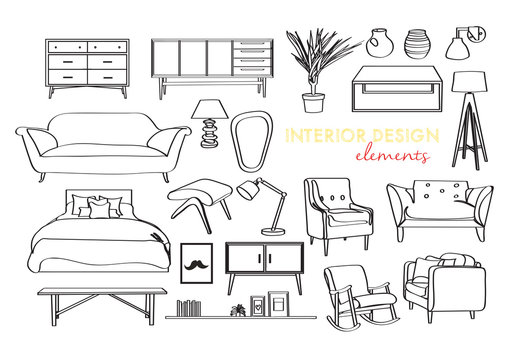 Furniture Collection. Vector Interior Design Elements. Outlined Furniture Drawing. 