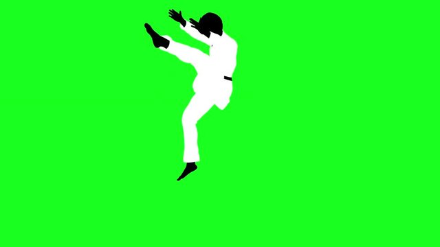 karatek doing exercises. silhouette on green background