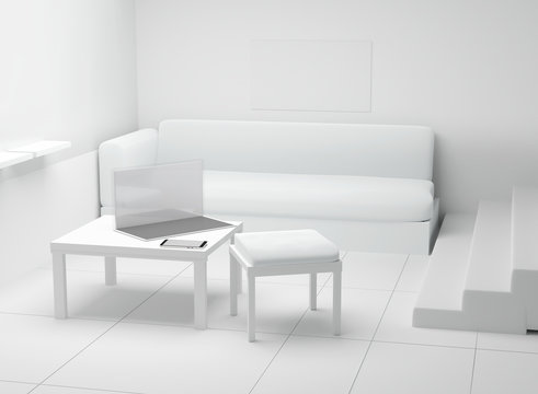 room indoor with computer notebook and mobile phone in front of couch 3d-illustration
