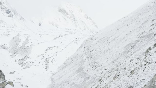 Backpackers on Larke Pass in Nepal, 5100m altitude. Manaslu circuit trek area.