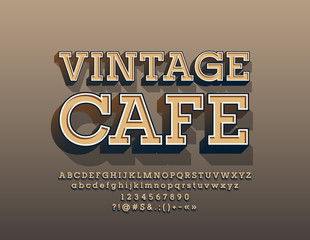 Vector stylish emblem Vintage Cafe. Old fashioned stylish 3D Font.Elegant Alphabet Letters, Numbers and Symbols