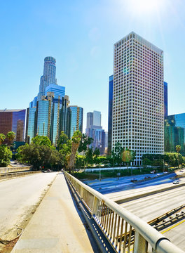 View of the office buildings and main roads in the financial district in Los Angeles on a sunny day.