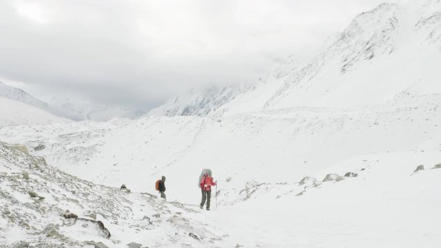 Backpackers on Larke Pass in Nepal, 5100m altitude. Manaslu circuit trek area.