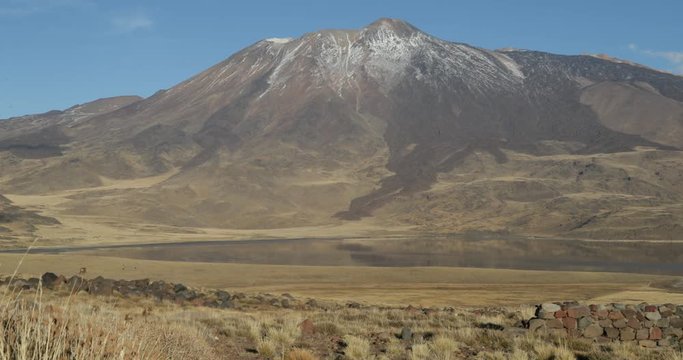 Tromen Volcano y National Park. Mountain with bed of lava and snow on the top. Lagoon with reflections. Natural grasslands and steppe landscape. Neuquen, Patagonia Argentina.