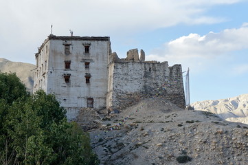 Old Royal Palace in Tsarang village, now a library-storehouse for Buddhist texts. Trekking to the closed zone of Upper Mustang. Nepal.
