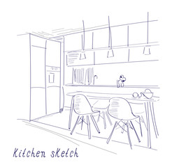 kitchen dining room sketch. marker pen drawing. rendered interior design visual. 