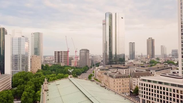 Aerial drop from behind the Alte Oper Frankfurt with skyline in the background