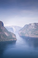 Aurlandsfjord at Springtime with snowy Mountains