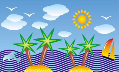 Fototapeta na wymiar A symbolic abstract landscape is a resort. Tropical sea, beach, palm tree, sail, dolphin. Vector picture.
