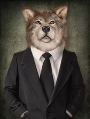 Foto op Plexiglas Hipster dieren Wolf in een pak. Man met een leeuwenkop. Concept afbeelding in vintage stijl.