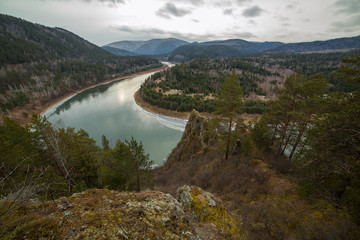 Autumn river landscape, top view, Mansky loop, Krasnoyarsk, Russia.