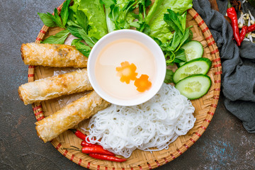 vietnamese food spring rolls and noodle