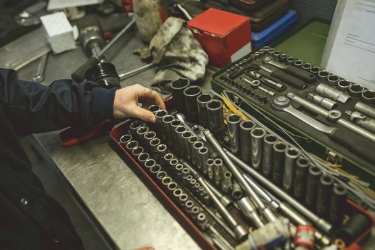 Close up of various tools in toolbox
