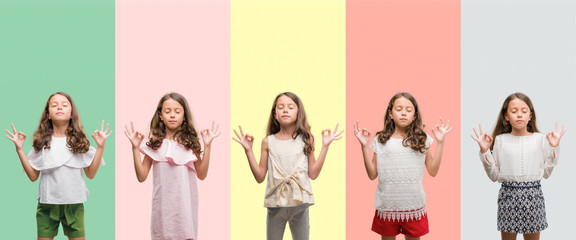 Collage of brunette hispanic girl wearing different outfits relax and smiling with eyes closed doing meditation gesture with fingers. Yoga concept.