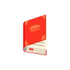 Flat opened book with red bookmark tag. Paper symbol of education, library literature and wisdom. School, college or university studying equipment. Vector isolated illustration.