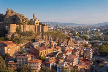 Tbilisi Georgia skyline with church and fortress  - obrazy, fototapety, plakaty