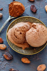 Artisanal chocolate ice cream on a bronze plate.