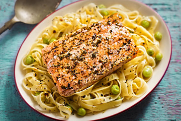 Wild pink salmon fillet in lemon, dill sauce