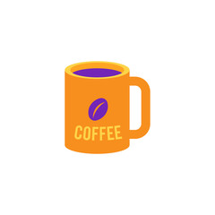 Cup of coffee icon in yellow and violet colors - mug with hot energy drink for breakfast or coffee break isolated on white background. Invigorating beverage in flat vector illustration.
