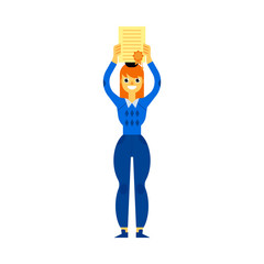 Cheerful student graduate woman in university cap standing holding diploma graduation high above head in hands smiling. Beautiful female character with education degree. Vector isolated illustration