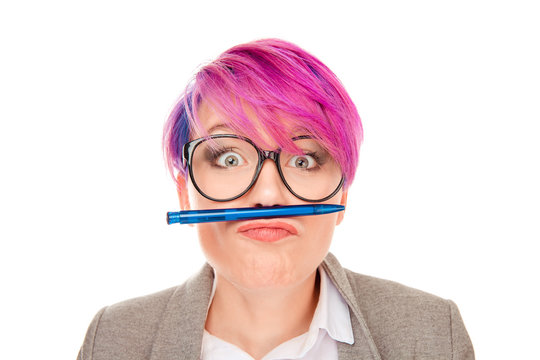 Crazy mad surprised wondered woman with pink hair. Teen age idea draw dreamy people concept Portrait cute sweet lovely pretty funny funky assistant trainee holding pencil with lips on white background