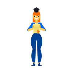 Cheerful student graduate woman in university cap standing holding diploma graduation in hands smiling. Beautiful female character with education degree. Vector isolated illustration