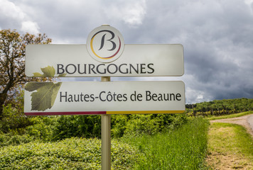 Burgundy France May 19th 2013 : Sign denoting Burgundy as the 'Hautes-Cotes de Beaune' literally translated as the 'high ribs of Beaune' in reference to the many vineyards in the area