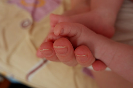 The baby's feet are in mom's hand. The concept of mother and child.