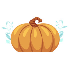 Flat pumpkin icon. Symbol of Thanksgiving, halloween holiday and autumn harvest. Natural organic food nutrition, healthy eating element. Orange gourd, seasonal decoration. Vector illustration