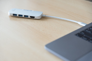 Cable USB adapter with Type-C connector is installed in the laptop