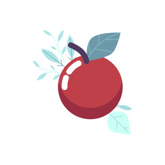 Ripe red apple with green leaf on abstract floral elements background. Organic fresh food icon for dieting, healthy lifestyle design decoration. Isolated vector illustration