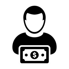 Dollar sign icon vector male user person profile avatar with currency money symbol for banking and finance business in flat color glyph pictogram illustration
