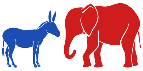 Fototapeta na wymiar Vector illustration of a blue donkey and a red elephant, representing the Democratic and Republican political parties in the United States.