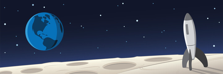 Naklejka premium Moon Landscape With Rocket and Earth Scene