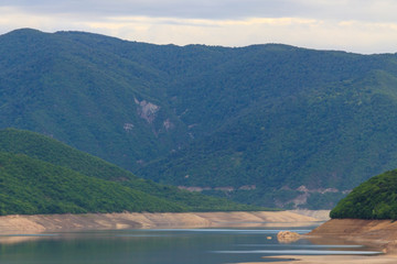 View on the Zhinvali water reservoir and Caucasus mountains in Georgia