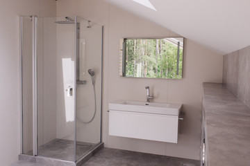 Naklejka na ściany i meble bathroom with transparent shower and washbasin