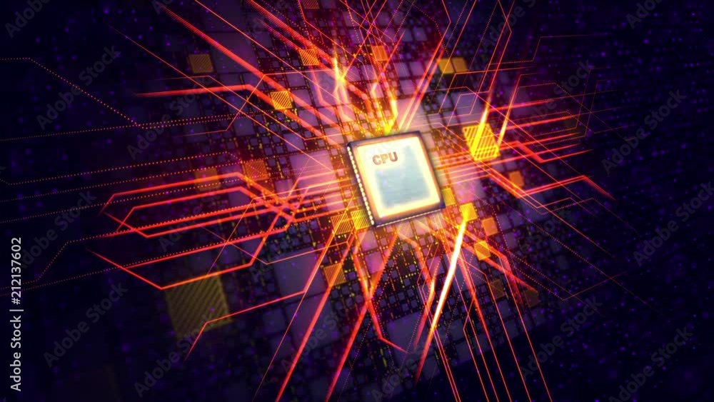Poster an innovative 3d rendering of a square cpu processor placed aslant in the violet backdrop. it is con
