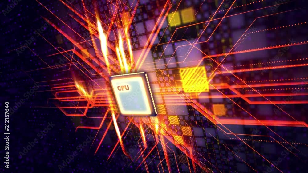 Poster an advanced 3d rendering of a square cpu microprocessor put askew in the violet backdrop. it is conn