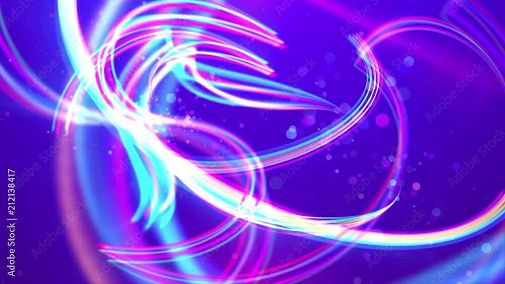 Poster 3d rendering of shimmering white, pink and celeste strokes twisting and making loops in the bright b