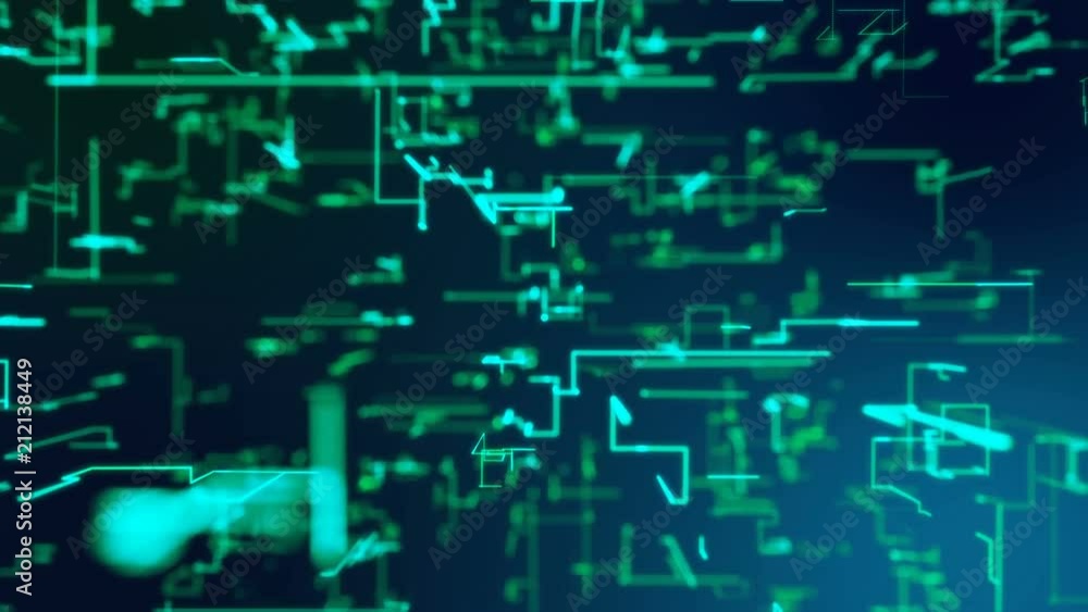Poster a futuristic 3d rendering of a network from blue zigzag matrix lines sparkling and moving in the bla
