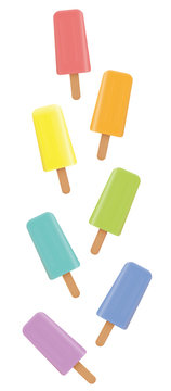 Popsicles. Variation of fruity colored frozen ice lollys, loosely arranged. Isolated upright format vector illustration on white background.