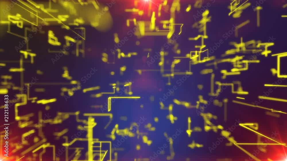 Poster a hi-tech 3d rendering of a network of golden crisscross matrix tubes sparkling and moving in a zoom