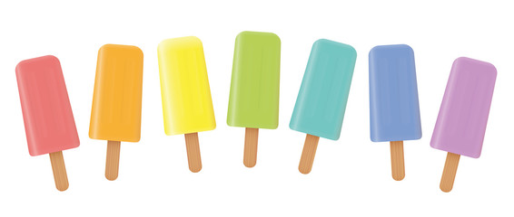 Ice lollys loosely arranged. Rainbow colored fruity collection of seven frozen popsicles - isolated vector illustration on white background.