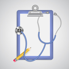 Medical care insurance mockup with stethoscope, clipboard and pencil. Breath and heart problem diagnosis, typical doctor accessory isolated on white. Medicine symbol.