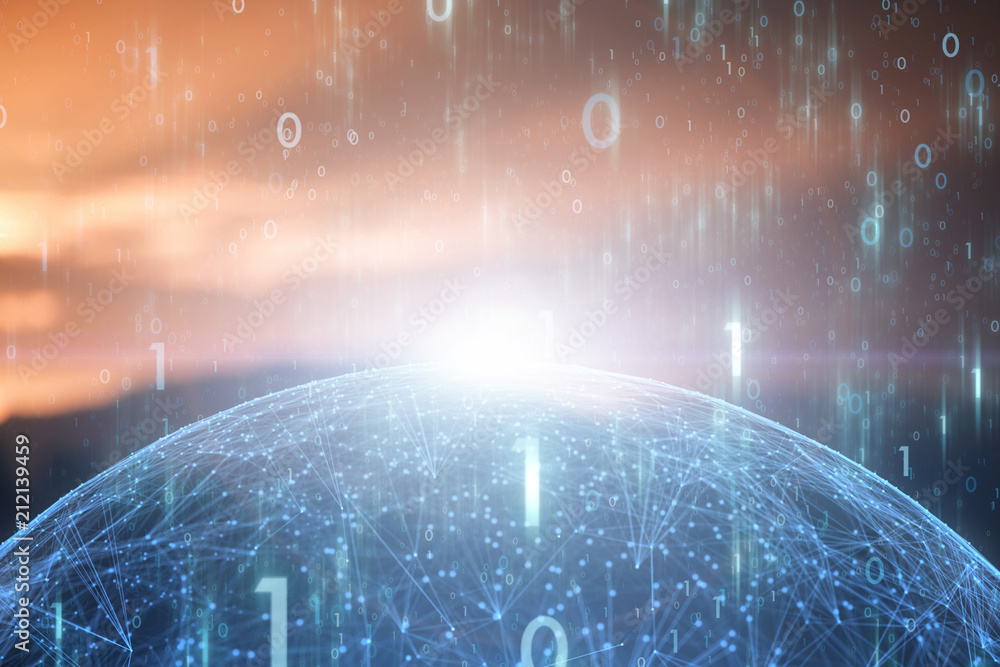 Poster futuristic network data globe with lines, dots and computer binary numbers. view from space. selecti