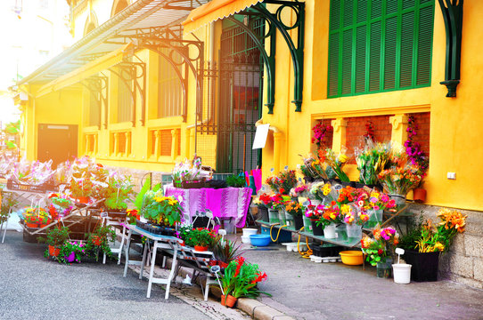 Beautiful Local Flower Shop In Retro Style With Colorful Flowers