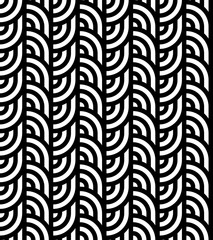 Seamless pattern with circles and striped black white straight lines. Optical illusion effect. Geometric tile in op art style. Vector illusive background for cloth, textile, print, web.