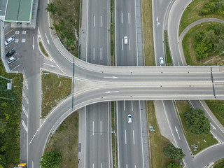 Aerial view of highway overpass with two lanes in Switzerland,  Europe